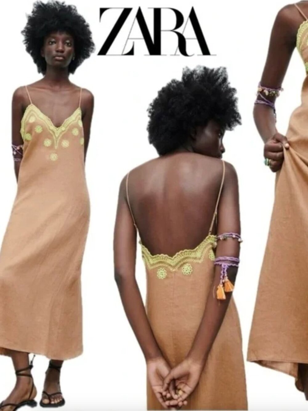 Zara Linen Embroidered Spaghetti Strap V-neck Boho Bohemian Midi Dress XS